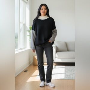 Saodimallsu Color Block Off-Shoulder Knit Sweater Black, White & Gray Women Med